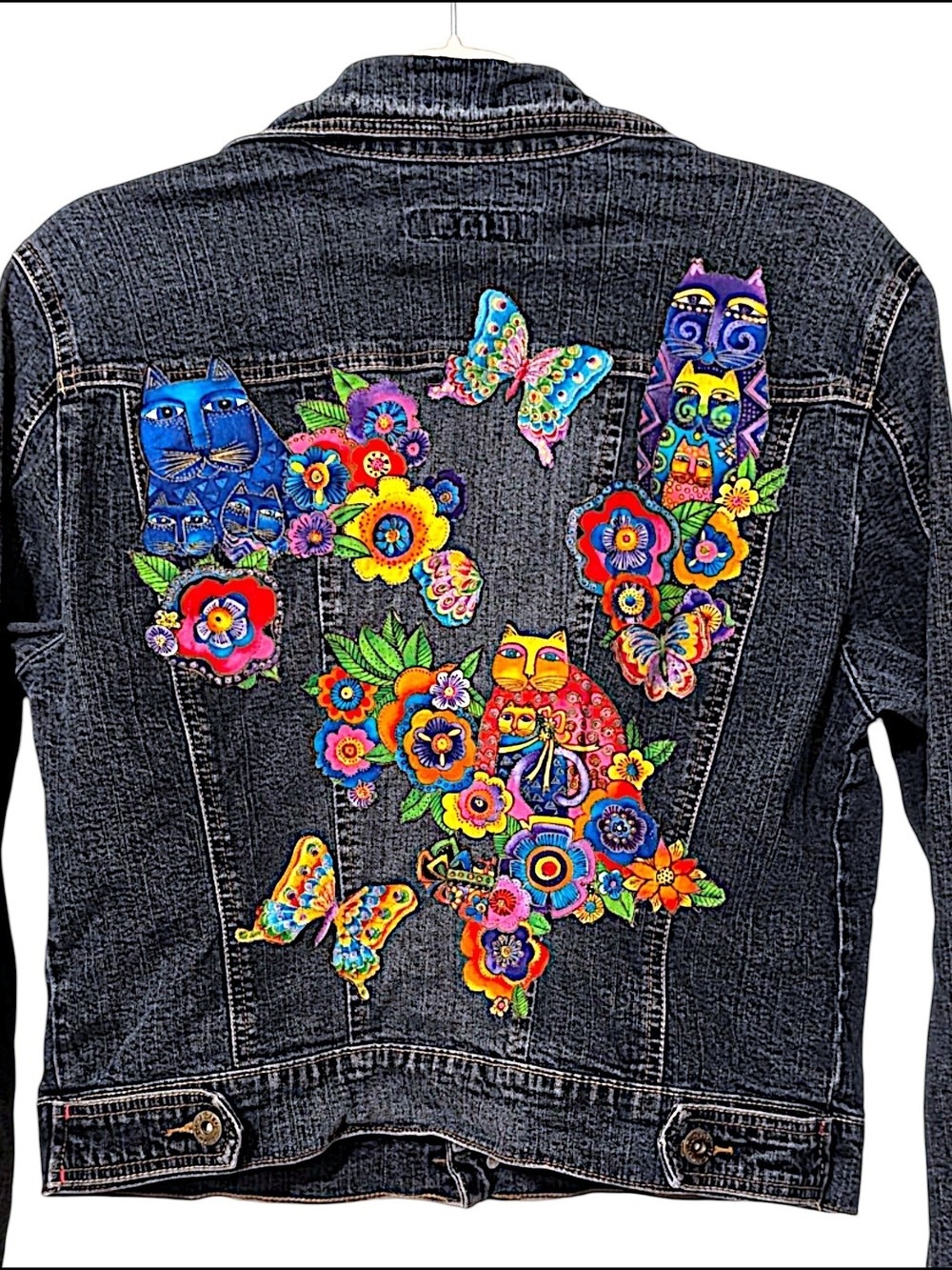 Paris Blues Denim Jacket Dark Cats Flowers Embroidered - Picture 1 of 8